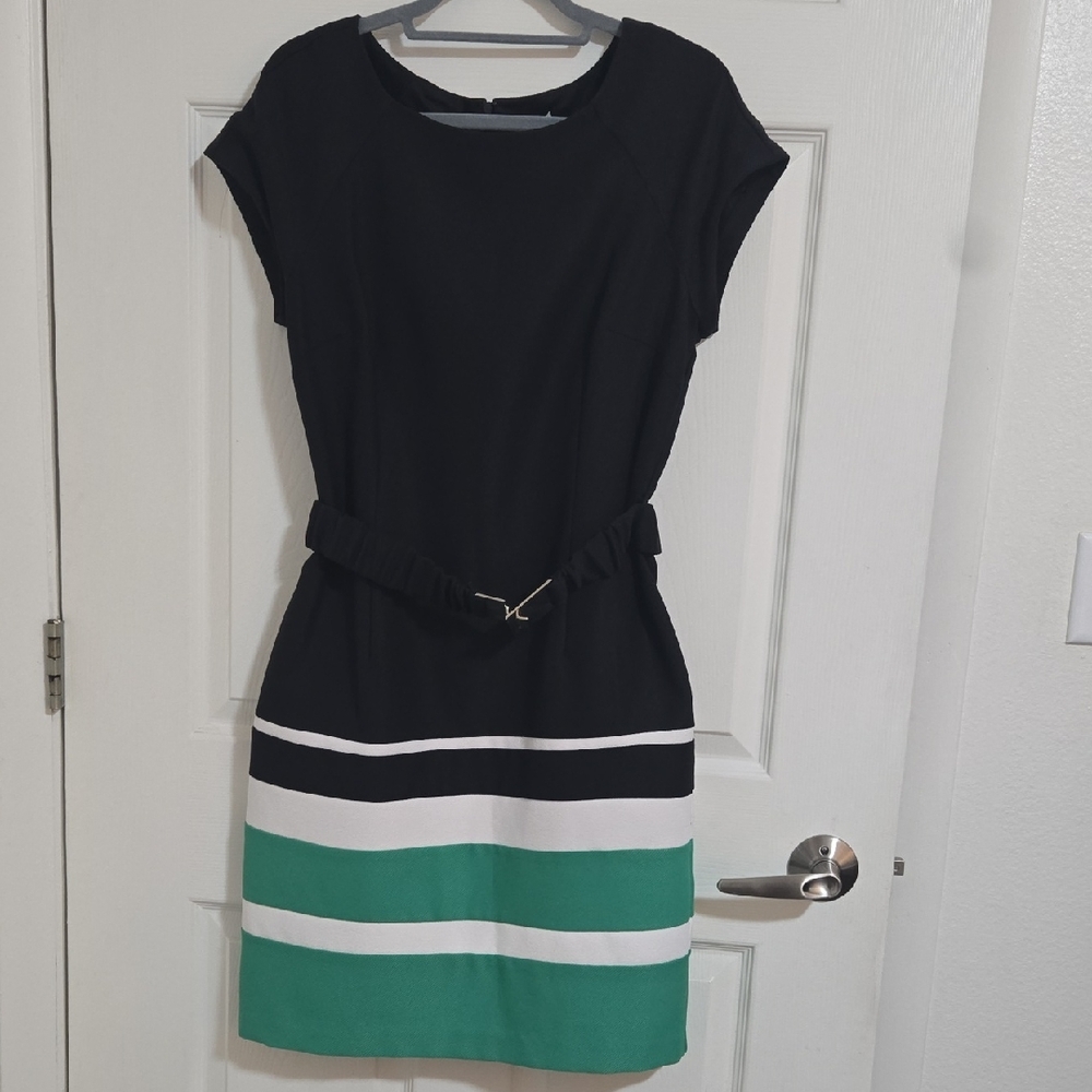 Cap-Sleeve Black Sheath Dress with White and Green Stripes